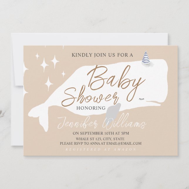 Cute White Whale Baby Shower Beige Invitation   (Front)