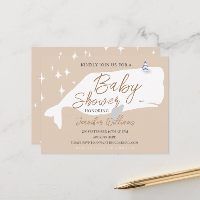 Cute White Whale Baby Shower Beige Invitation  Postcard (Front/Back In Situ)