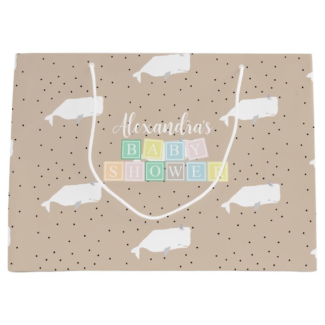 Cute White Whale Baby Shower Neutral Beige  Large Gift Bag (Front)