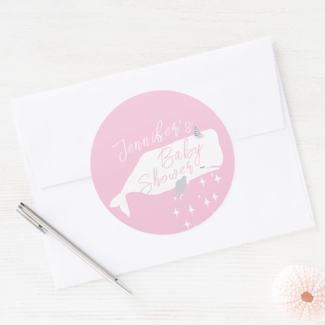 Cute White Whale Girl Baby Shower Pink  Classic Round Sticker (Envelope)