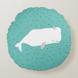 Cute White Whale Light Teal  Round Cushion
