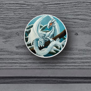 Cute White Winter Dragon Snowy Pine Tree Fantasy Ceramic Knob