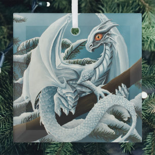 Cute White Winter Dragon Snowy Pine Tree Fantasy Glass Tree Decoration