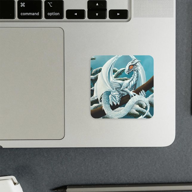 Cute White Winter Dragon Snowy Pine Tree Fantasy Square Sticker (Creator Uploaded)