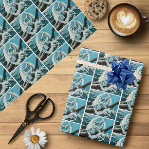 Cute White Winter Dragon Snowy Pine Tree Fantasy Wrapping Paper