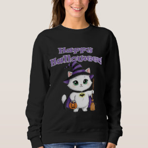 Cute White Witch Cat Happy Halloween Sweatshirt