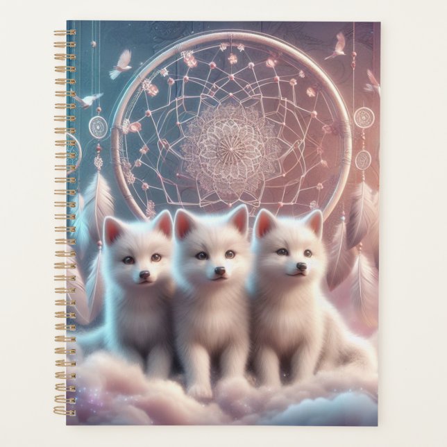 Cute White Wolf Pups and dreamcatcher Planner (Front)