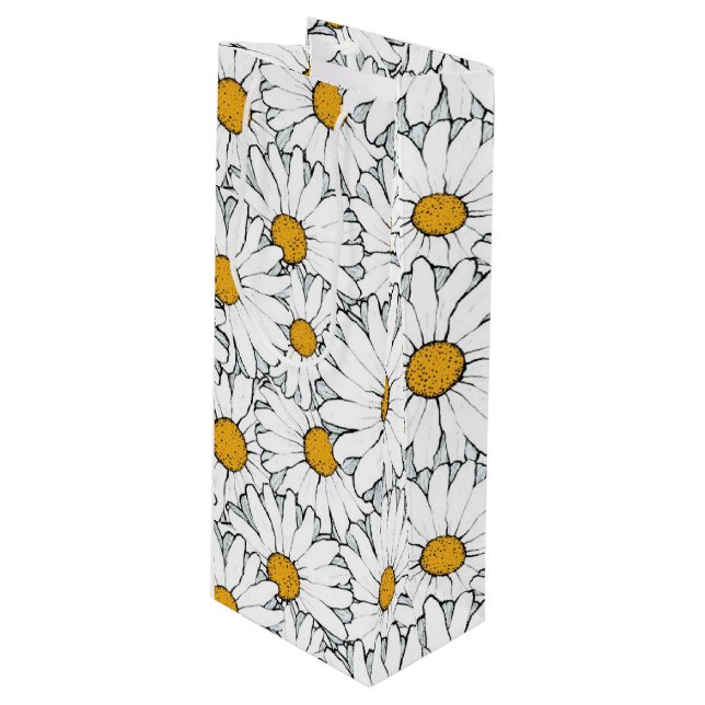 Cute White Yellow Daisies Floral Art Pattern Wine Gift Bag (Front Angled)