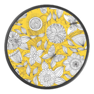 Cute white yellow floral abstract design license p hockey puck