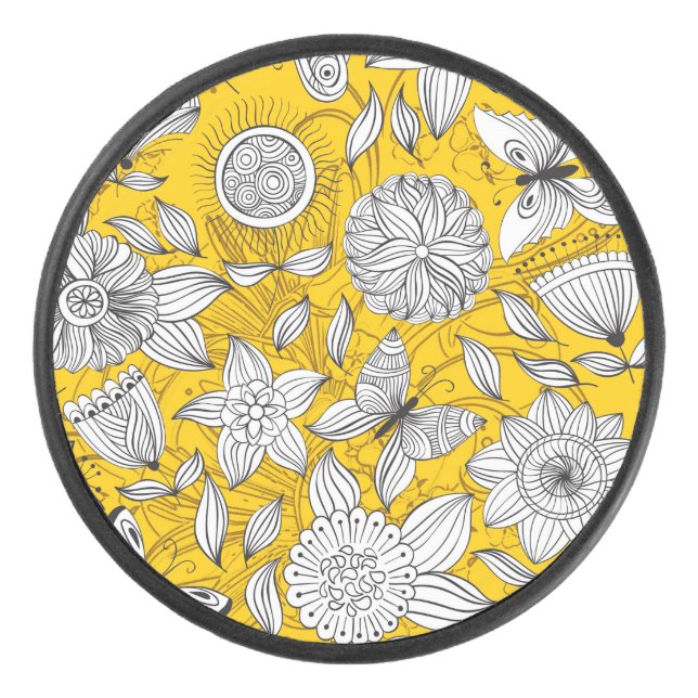 Cute white yellow floral abstract design license p hockey puck (Front)