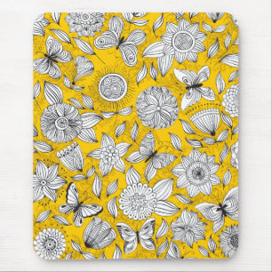 Cute white yellow floral abstract design mouse pad