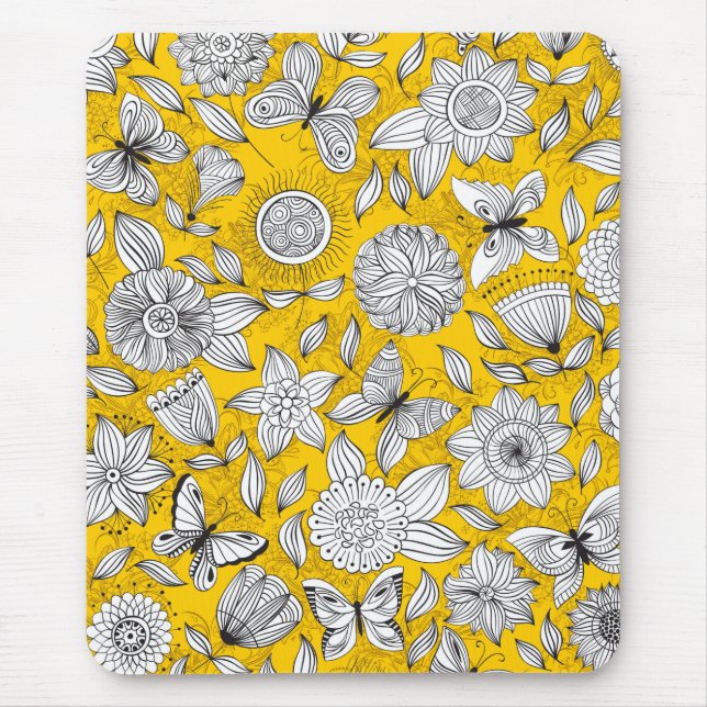 Cute white yellow floral abstract design mouse pad (Front)
