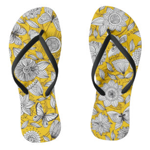 Cute white yellow floral abstract design thongs