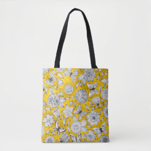 Cute white yellow floral abstract design tote bag