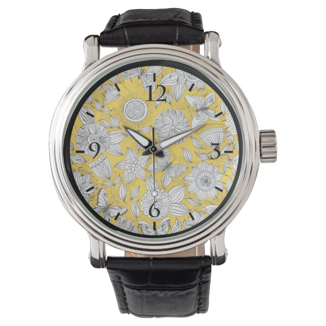 Cute white yellow floral abstract design watch (Front)