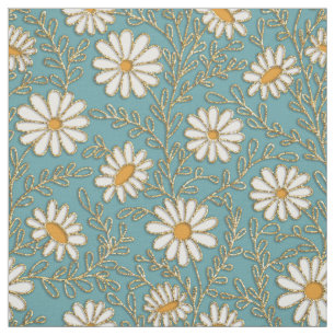 Cute White Yellow Gold Daisies Flowers Teal Blue  Fabric