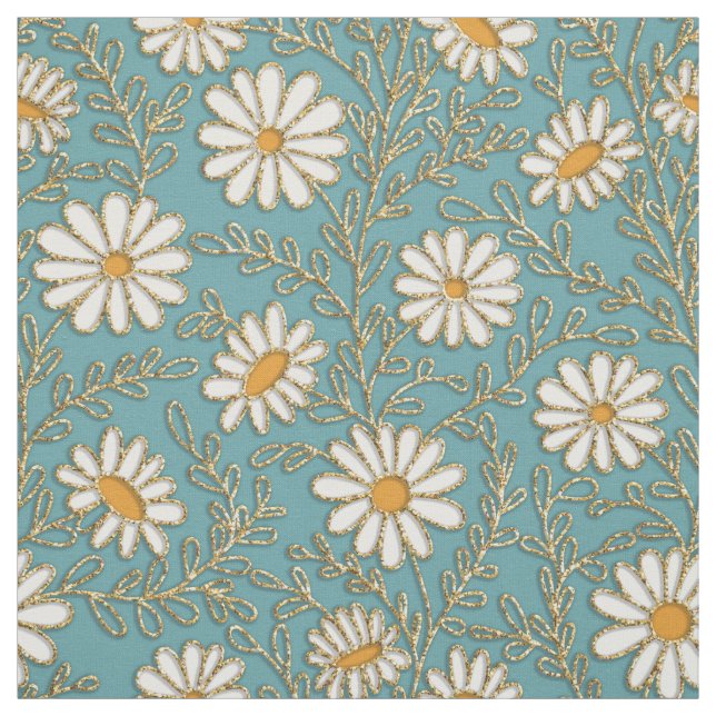 Cute White Yellow Gold Daisies Flowers Teal Blue  Fabric (Swatch)