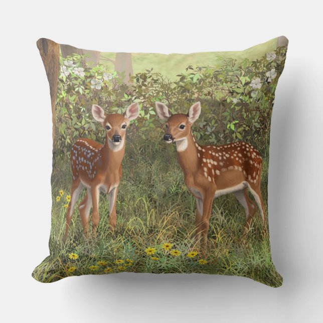 Cute Whitetail Deer Twin Fawns Cushion (Front)