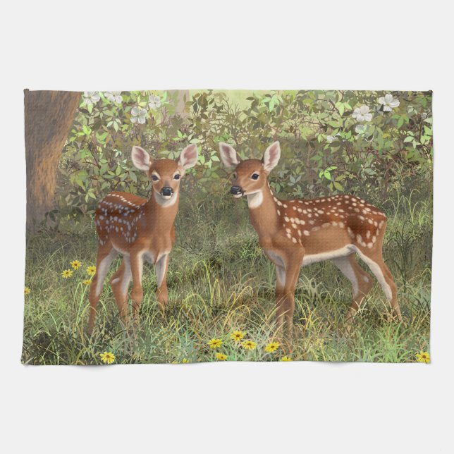 Cute Whitetail Deer Twin Fawns Tea Towel (Horizontal)