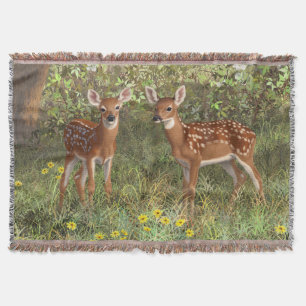 Cute Whitetail Deer Twin Fawns Throw Blanket