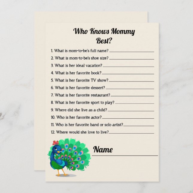 Cute Who Knows Mummy Best Peacock Baby Shower Game Invitation (Front/Back)