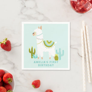 Cute Whole Llama Fun Aqua 1st Birthday Party Napkin