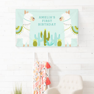 Cute Whole Llama Fun Aqua First Birthday Party Banner