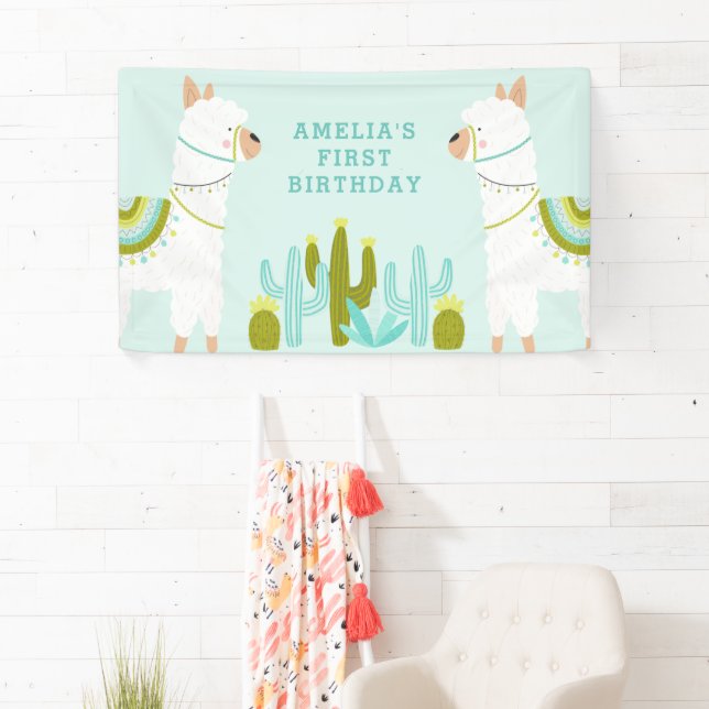 Cute Whole Llama Fun Aqua First Birthday Party Banner (Insitu)