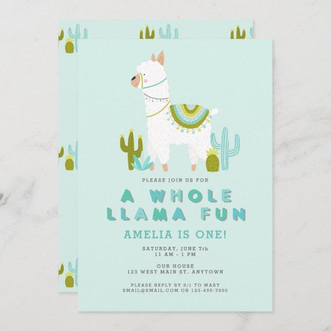Cute Whole Llama Fun Aqua First Birthday Party Invitation (Front/Back)
