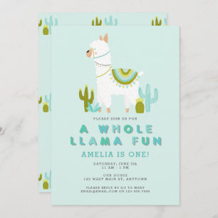 Cute Whole Llama Fun Aqua First Birthday Party Invitation