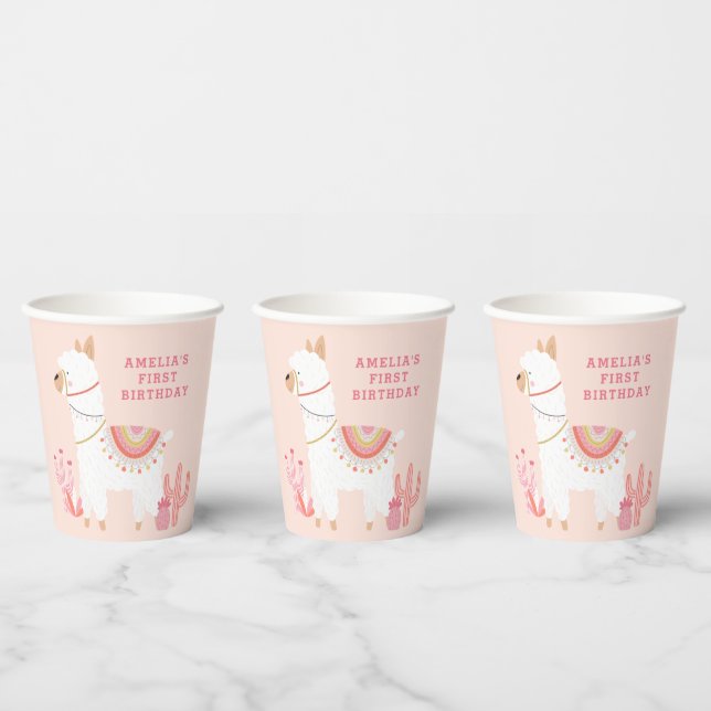 Cute Whole Llama Fun Pink 1st Birthday Party Paper Cups (Multi)