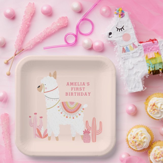 Cute Whole Llama Fun Pink 1st Birthday Party Paper Plate (Party)
