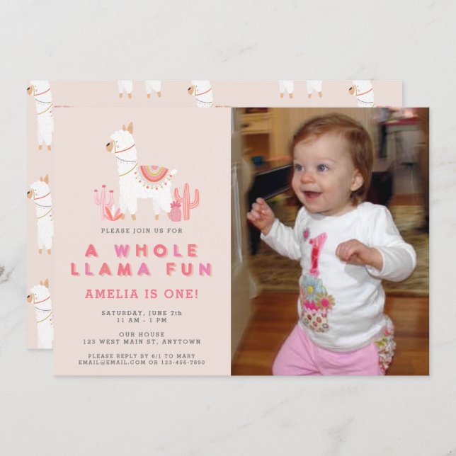 Cute Whole Llama Fun Pink First Birthday Photo Invitation (Front/Back)