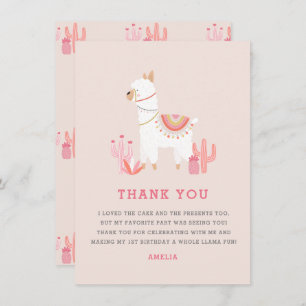 Cute Whole Llama Fun Pink First Birthday Thank You Card