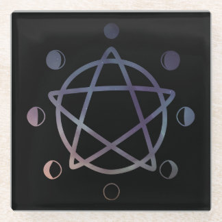 Cute Wicca Pentagram and Moon Phases Glass Coaster