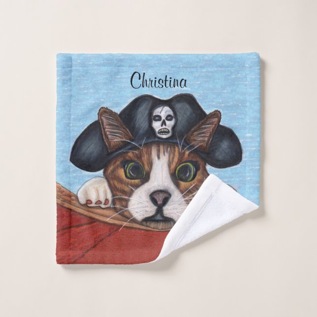 Cute Wide Eyed Brown Cat Pirate Hat Red Boat Wash Cloth (Wash Cloth)