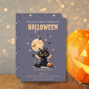 Cute Wide-Eyed Winged Fairy Black Cat Halloween   Invitation