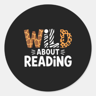 Cute wild about reading safari animal bookworm classic round sticker