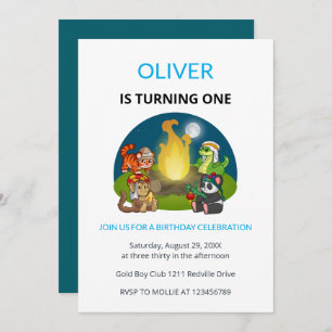 Cute Wild Animals Campfire Kids First Birthday Invitation