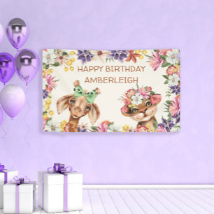 Cute Wild Animals Giraffe Flowers Happy Birthday Banner