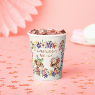 Cute Wild Animals Giraffe Tiger Flowers Birthday  Paper Cups