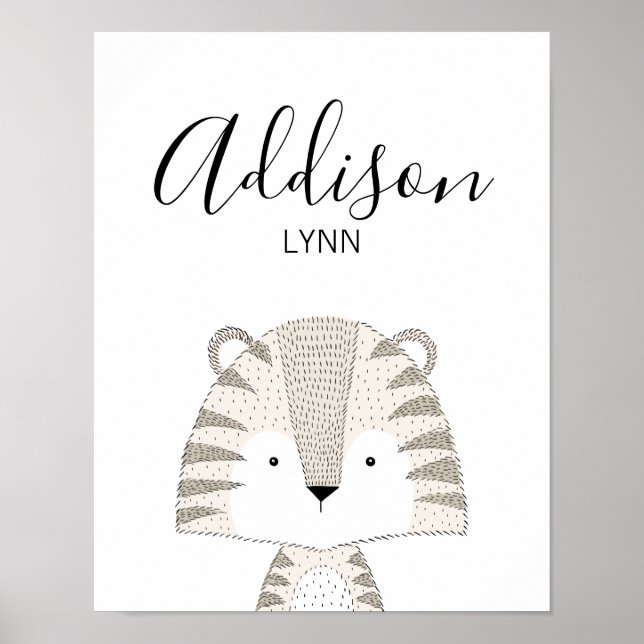Cute Wild Animals Tiger Baby Name Nursery Print (Front)