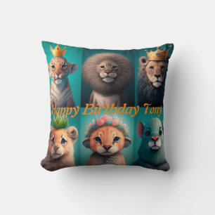Cute wild animals wearing crowns blue cushion