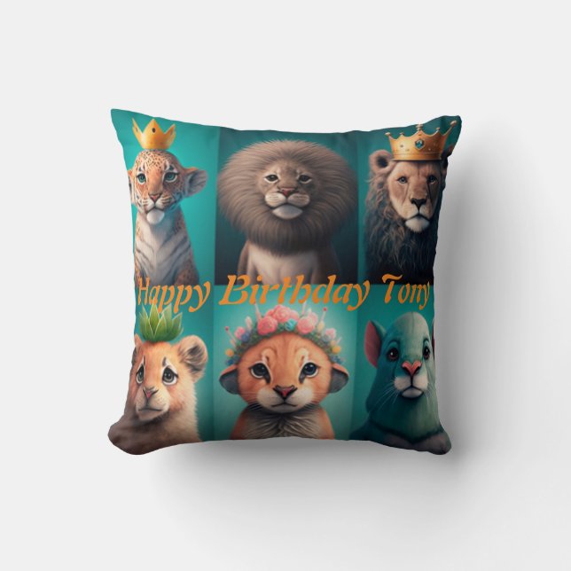 Cute wild animals wearing crowns blue cushion (Front)