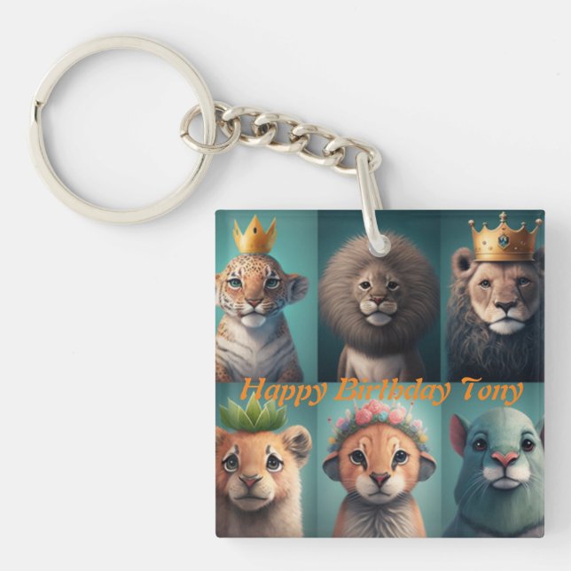 Cute wild animals wearing crowns blue  key ring (Front)