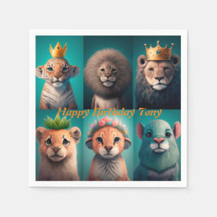 Cute wild animals wearing crowns blue napkin