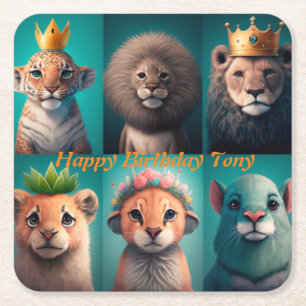 Cute wild animals wearing crowns blue     square paper coaster