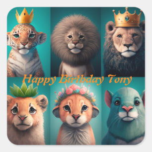 Cute wild animals wearing crowns blue square sticker