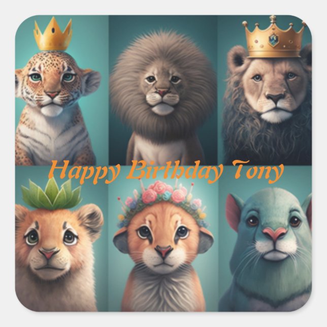 Cute wild animals wearing crowns blue   square sticker (Front)