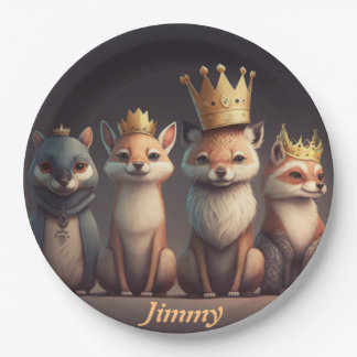 Cute wild animals wearing crowns paper plate